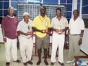 Winner Gavin Todd (centre) flanked by runners-up Chatterpaul Deo (second from left) and Patrick Prashad (second from right), Chairman of Citizen Bank Guyana Inc. Clifford Reis (extreme left) and Lusignan Golf Club President Mels Sankies (extreme right).