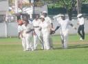 Davanie Sewnarine leads her Demerara teammates off the field in wild celebrations after taking the final Essequibo wicket in their Guyana Cricket Board/Jergens sponsored women’s inter county match at the Demerara Cricket Club ground yesterday. (Lawrence Fanfair photo)