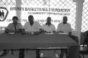 (from right) Robert Cadogan, Howard Peters, Eon Andrews and Kezqweyah Yisrael, on Thursday  at the Cliff Anderson Sports Hall at the launching of the GUBA/Haynes Foundation US/Guyana Goodwill Tour.