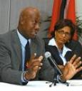 Trade and Industry Minister Dr Keith Rowley makes a point at the press conference on March 14, 2008 as Finance Minister Karen Nunez-Tesheira looks on. (Trinidad Guardian photo) Bollywood actors Paresh Rawal (L), Mallika Sherawat (2nd L), Rahul Bose (