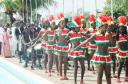 The Suriname cheerleaders and Parbo Brass Band during the vibrant cultural extravaganza put on by the host country Suriname at yesterday’s opening ceremony of the 2008 Inter-Guiana Games.