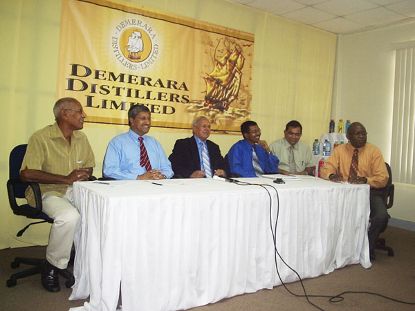 From left are Bert Carter, Komal Samaroo, Yesu Persaud, Loris Nathoo, Bal Parsaud and Alex Graham at yesterday’s press conference.