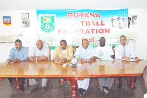 From left: Public Relations Officer of the Guyana Football Federation, Frederick Granger, World Cup Committee Chairman John Yates, GFF Technical Director Jamaal Shabazz, GFF President Colin Klass, World Cup Committee member Garth Nelson and General Manager of the team Aubrey Hudson at the head table during the press briefing yesterday.