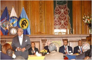 New York Rep Charles Rangel (left) speaking at a banquet for the Caricom leaders. President Bharrat Jagdeo is seated second from right. (GINA photo)