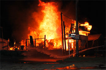 One of the buildings alight
