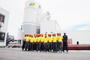The Guyana TCL Under-19 team before their tour of the TCL Guyana Limited cement plant on Lombard Street yesterday. (Clairmonte Marcus Photo).