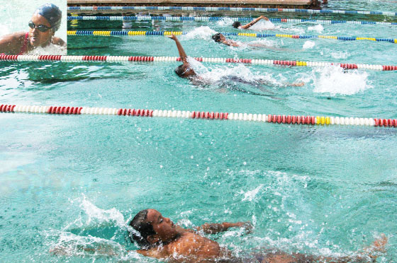 Action in the hotly-contested boys’ 9-10 years of age backstroke event on yesterday’s second day of the Guyana Amateur Swimming Association (GASA) Goodwill Trials meet at the Castellani Pool. (Inset) Noelle Smith one of the stand-out performers.  (Aubrey Crawford photograph)