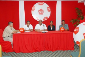 At centre, Digicel Marketing Manager Donovan White with representatives of Beharry Group of Companies, Anthony Xavier (extreme left), Ansa McAl’s Nigel Worrell (second left), GFF General Secretary Noel Adonis (far right) and DDL’s Alana Johnson.