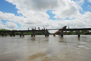 The fractured Rupununi River Bridge. 