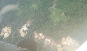 An aerial view of the mining operations located upstream from Arau village on the Arau River. 