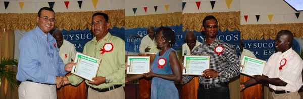 In this composite photo, Minister of Agriculture Robert Persaud (left) awards the champion workers of the four Demerara sugar estates for their outstanding commitment to the industry. From second left are Joseph Cunje of LBI/GD; Jean Adams of Enmore; Rajcumar Singh of Wales and Elon Williams of Uitvlugt. (Jules Gibson photo)