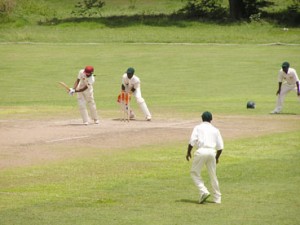 Trevor Griffith plays a classy on-drive during his vital innings of 69 for Guyana in  their fourth round TCL regional under 19 match against Jamaica yesterday in the Yorkshire Cricket Ground, Barbados.  