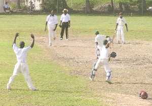 Guyana’s Herman Latcha is beaten by a delivery from Delron Johnson outside off stump during his innings of 19 yesterday.