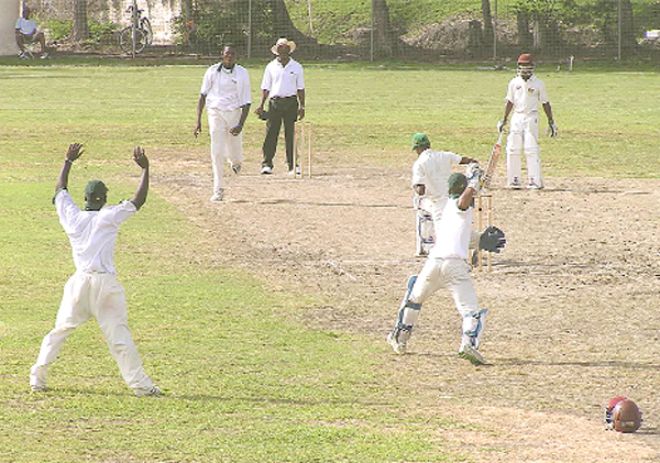 Guyana’s Herman Latcha is beaten by a delivery from Delron Johnson outside off stump during his innings of 19 yesterday.