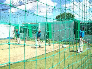  From left Jeetendra Sookdeo, Trevon Griffith and Royan Fredericks having a net session at the Kensington Oval yesterday morning ahead of their second round game against the Windward Islands today.
