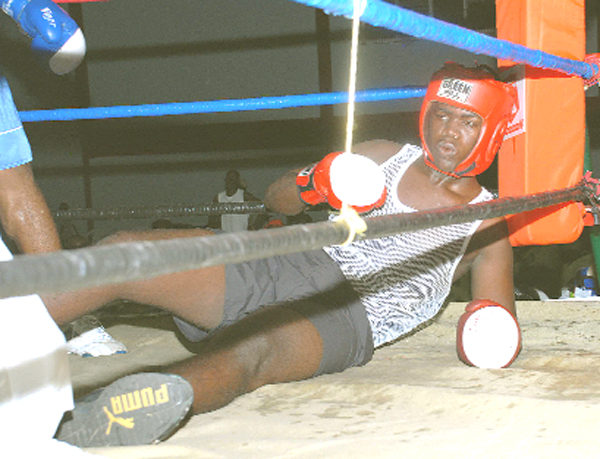 CAUGHT NAPPING! Tevis James of the Timehri Warriors is caught taking a nap after he was caught napping by a right from Tesaun Mc Kenzie of the Forgotten Youth Foundation boxing gym on Sunday night and sent to sleep. (Clairmonte Marcus photo)