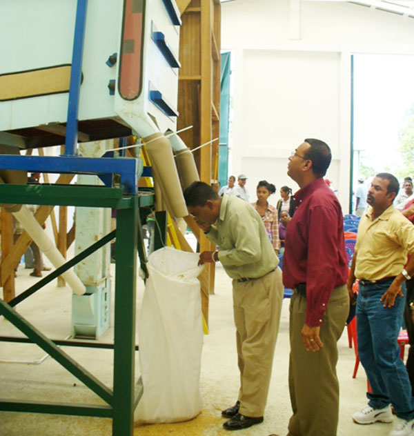Regional chairman, Zulfikar Mustapha examines the seed paddy processed by the facility while Minister of Agriculture, Robert Persaud (centre) and president of the RPA, Lekha Rambrich look on.  