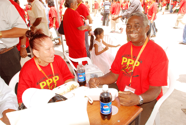 PPP members enjoy their refreshment during the lunch break of the 29th People’s Progressive Party Congress held at the Diamond Secondary School, East Bank Demerara yesterday. The congress concludes today. (Photo by Jules Gibson)