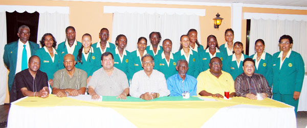 The feast before the battle: Director of  Sport  Neil Kumar( front centre) and Chetram Singh, President of the Guyana Cricket Board (GCB) in front row third from left, were among the special invitees that bid farewe1l to the troops of the Guyana under-19 female cricket team  Tuesday  night at Water Chris.