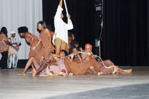 Captive in dance: Barbadian dancers during a performance titled, ‘Landship revisited’ at the National Cultural Centre on Tuesday night. (Clairmonte Marcus photo)