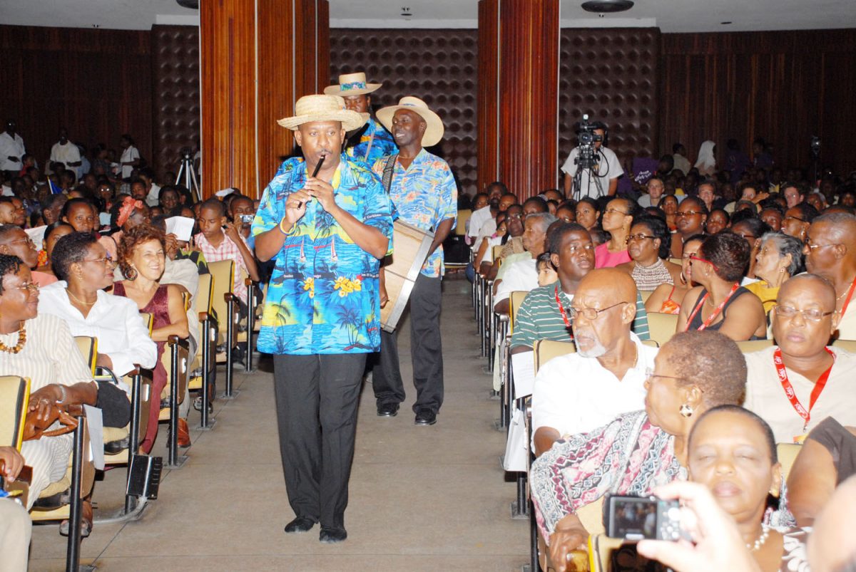 Island vibes: This Barbadian group of drummers among other musicians rocked the house at the National Cultural Centre on Tuesday night during Barbados’ dance production. (Clarimonte Marcus photo)