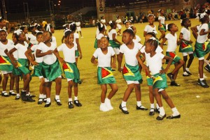 Taking it in one last time: This local group of dancers is hot with the Carifesta fever during a performance at the closing ceremony at the National Stadium, Providence yesterday. (Photo by Jules Gibson)