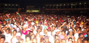 Part of the mammoth crowd at the Digicel Red Hot Summer Scorcher concert last Friday night.