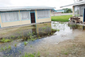 Swamped: This is an area in the heart of the Stella Maris Primary School compound yesterday. (Photo by Jules Gibson) 