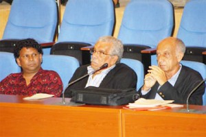 From left: Professors David Dabydeen, Derek Walcott and Edward Baugh at the opening symposium (Photo courtesy of GINA)