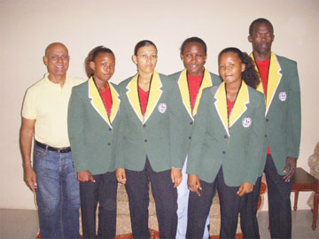 Trinidad bound! From left, Ansilla Norville, Alicia Marques, Mandessa Moses and Amanda Charles along with Coach James Walcott and President of GABA Affeeze Khan (extreme left) pose with their blazers. 