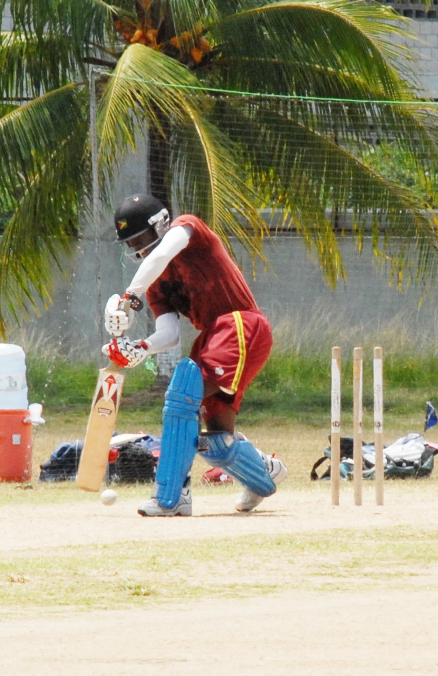 Opener Shemroy Barrington plays a defensive shot while  batting in the nets on Tuesday at Everest Cricket Club ground, Camp Road. (Clairmonte Marcus photo)    