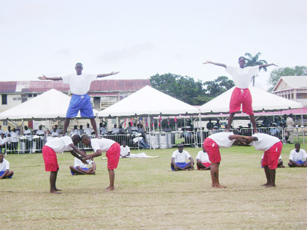 Members of the Felix Austin Police College during their  gymnastic display at the Guyana Police Force Gymkhana yesterday at the Police Sports Club Ground, Eve Leary. 