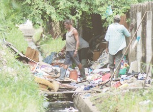 Freeing up the alley: City workers tearing down Brian Walrond’s home yesterday in the alley between Camp and Wellington streets. (Photo by Jules Gibson)