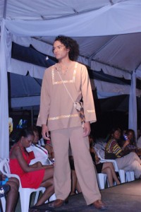 An outfit from Andrew Harris’s ‘No Boundaries’ collection at the opening of Guyana Fashion Weekend 2 last night. (Photo by Jules Gibson)