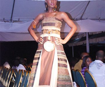 A model shows a gown by Trinidadian Rodney Alexander at the opening of Guyana Fashion Weekend 2 on Friday night.  (Photo by Jules Gibson)