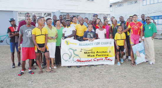 Prize-winners after yesterday’s AFC-sponsored cycle meet in memory of Maxie Perreira and Archer. (Clairmonte Marcus photo)   