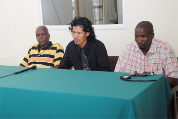 From Left, Chairman of the Courts Pacesetters Basketball Club Dennis Clarke, President of the GABA Trevor Rose, and Coach of Courts  Pacesetters, Bobby Cadogan, during yesterday’s media briefing. (Clairmonte Marcus photo)    