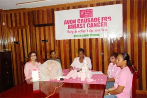 Members of the Avon Breast Awareness Committee at yesterday’s press conference. From left are Juditha De Costa, Melissa Mars, Mignon Bowen, Bibi Hassan and Adunni Orderson. 