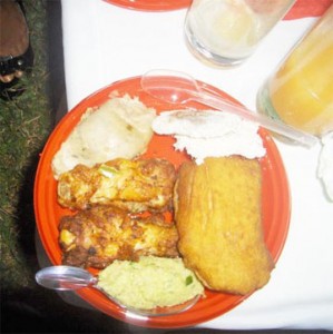 A cocktail of dishes in Guadeloupe; at extreme left is boudin de poisson.  