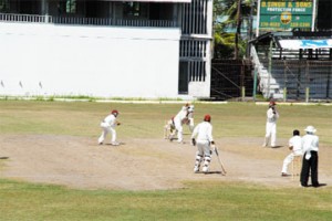 Super Cats skipper Leon Johnson drives fluently during his unbeaten 47 as his team reached 168-3 in reply to the 182 all out made by Lance Gibbs’ Tigers. (Clairmonte Marcus photo)     