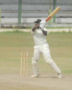 Crucifixion! Derwin Christian crucified the Clive Lloyd Super Cats bowlers yesterday on his way to the top score of 120. (Lawrence Fanfair photo).   