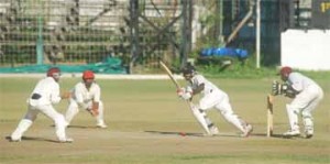 Shemroy Barrington glances a delivery delicately on the leg side during his century. (Lawrence Fanfair photo)    