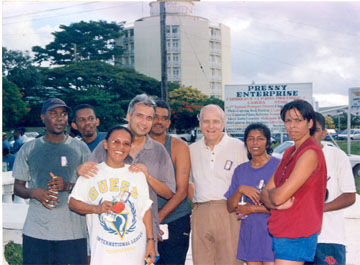 Stabroek News Editor in Chief and Chairman of the Board of Directors David de Caires (fourth right) with from left, former employees Steve Ninvalle, Orin Davidson, Miranda La Rose, de Caires’ son Brendan, Mike Da Silva, Desiree Jodah and Michelle Inasi. The group had just completed the Terry Fox run to raise funds for cancer research. (Stabroek News file photo/July 1999)