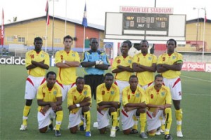 The Golden Jaguars before the opening encounter against St. Kitts in Trinidad. From left, standing are: Dwight Peters, John Rodrigues, Richard Reynolds, Gregory Richardson, Howard Lowe and Charles Pollard.