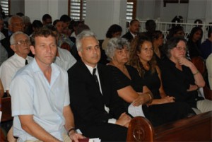 Doreen de Caires (centre) at yesterday’s memorial service for Stabroek News Editor-in-Chief David de Caires at the Brickdam Cathedral. From left are his son-in-law, Mike Atherton; son, Brendan de Caires; daughter, Isabelle and sister Mary.   