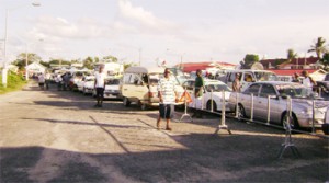 Lines of vehicles waiting for the Demerara Harbour Bridge to be re-opened yesterday.  