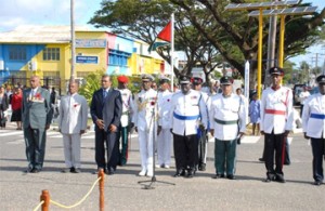 President Bharrat Jagdeo (third from left) with Members of the Disciplined Services and other officials at yesterday’s Remem-brance Day Wreath-Laying ceremony. (GINA photo) 