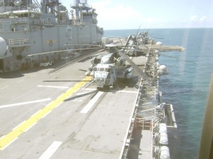 Helicopters on board the USS Kearsarge. These will transport patients to and from the ship. (Story on page 3)