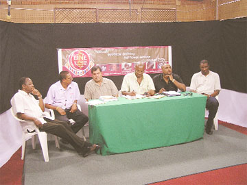 Members of the head table at the briefing from left, Terry Holder (GCB Public Relations Officer), Ramsey Alli (GCB Marketing Officer), Chetram Singh (GCB President), Andrew Mason and Barry Wilkinson (Line and Length Incorporated) and former West Indies all rounder Roger Harper. (Clairmonte Marcus photo)    