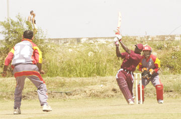 ON THE GO! Man of the match Austin Richards’ jnr., hitting one of his several leg-side sixes. (Aubrey Crawford photo)  